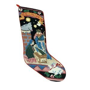 Vintage Needlepoint Christmas Stocking Manger Nativity Scene Jesus 20.5”x6.75”